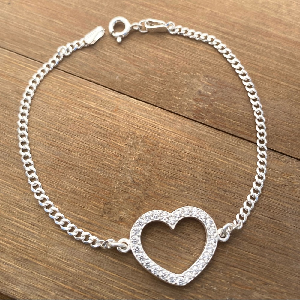 925 Sterling Silver Heart Pendant Bracelet  Clear CZ Corazón Plata Gift